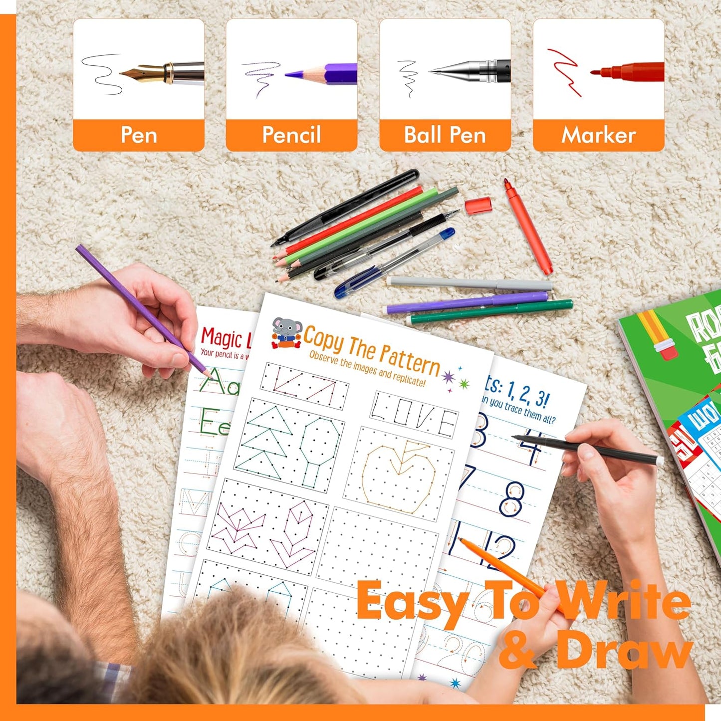 Pen Control & Tracing Activity Pad, 80 Tear-off Sheets Alphabet & Number Handwriting Practice Notepad for Kids, Letters A-Z/Numbers1-20/Patterns Tracing Workbook for Plane, Car Travel, Road Trip