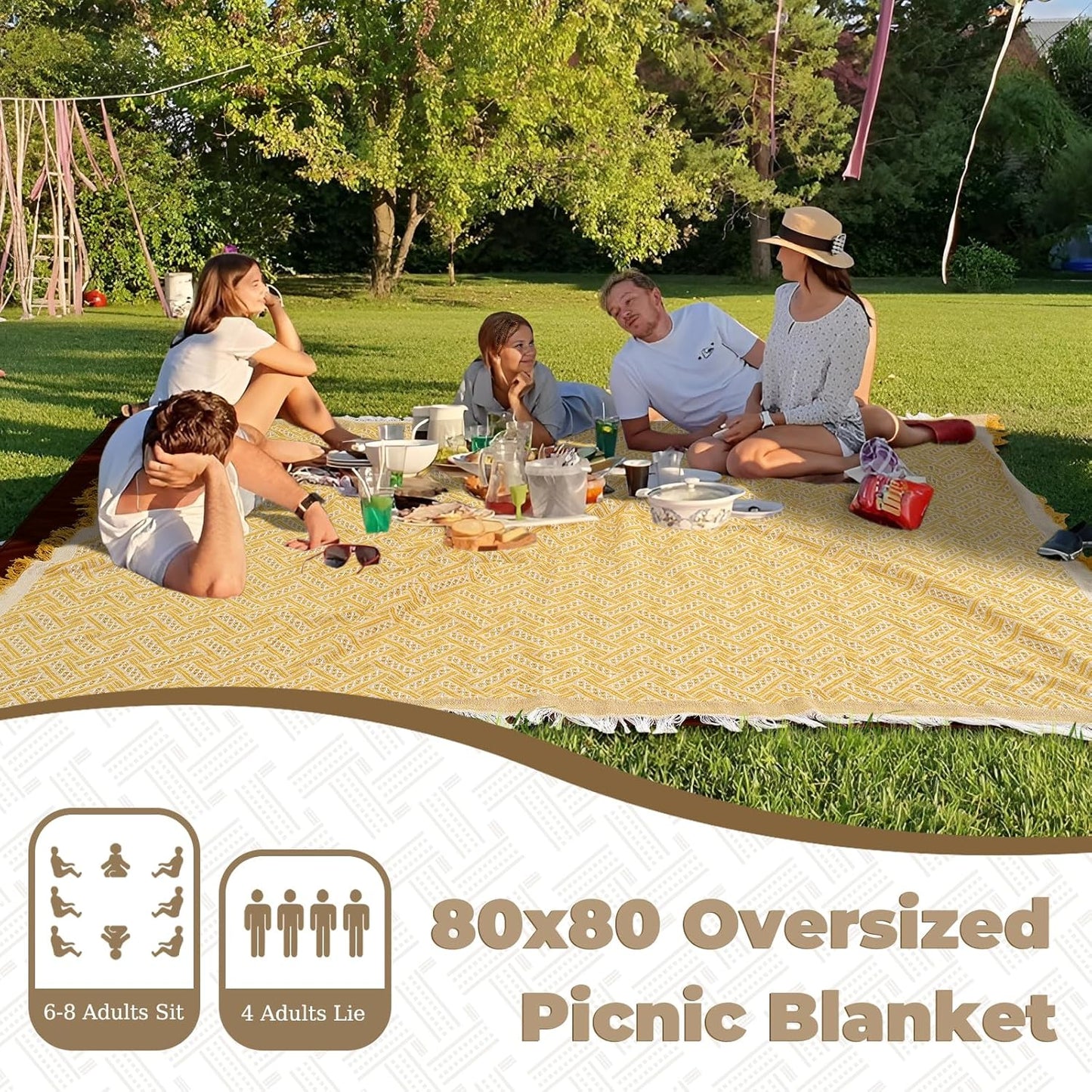 Genovega 2 in 1 Extra Large Outdoor Picnic Blanket Waterproof Woven Boho Mat Giant Beach Towel Travel Essential Yoga Accessories Park Patio Lawn Garden Grass Ground Music Festival Concert Must Have