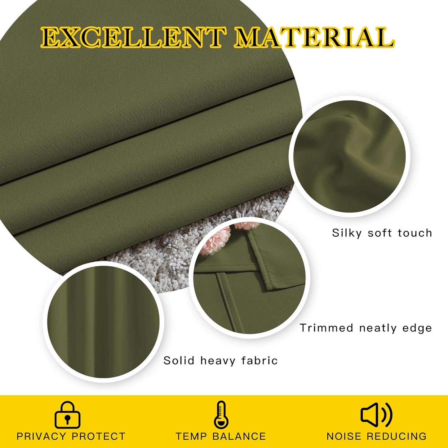 NICETOWN Blackout Olive Green Curtains 63 inches Long, Functional Blackout Window Treatments Thermal Drapes Privacy Assured for Bedroom, 2 Panels, W52 x L63