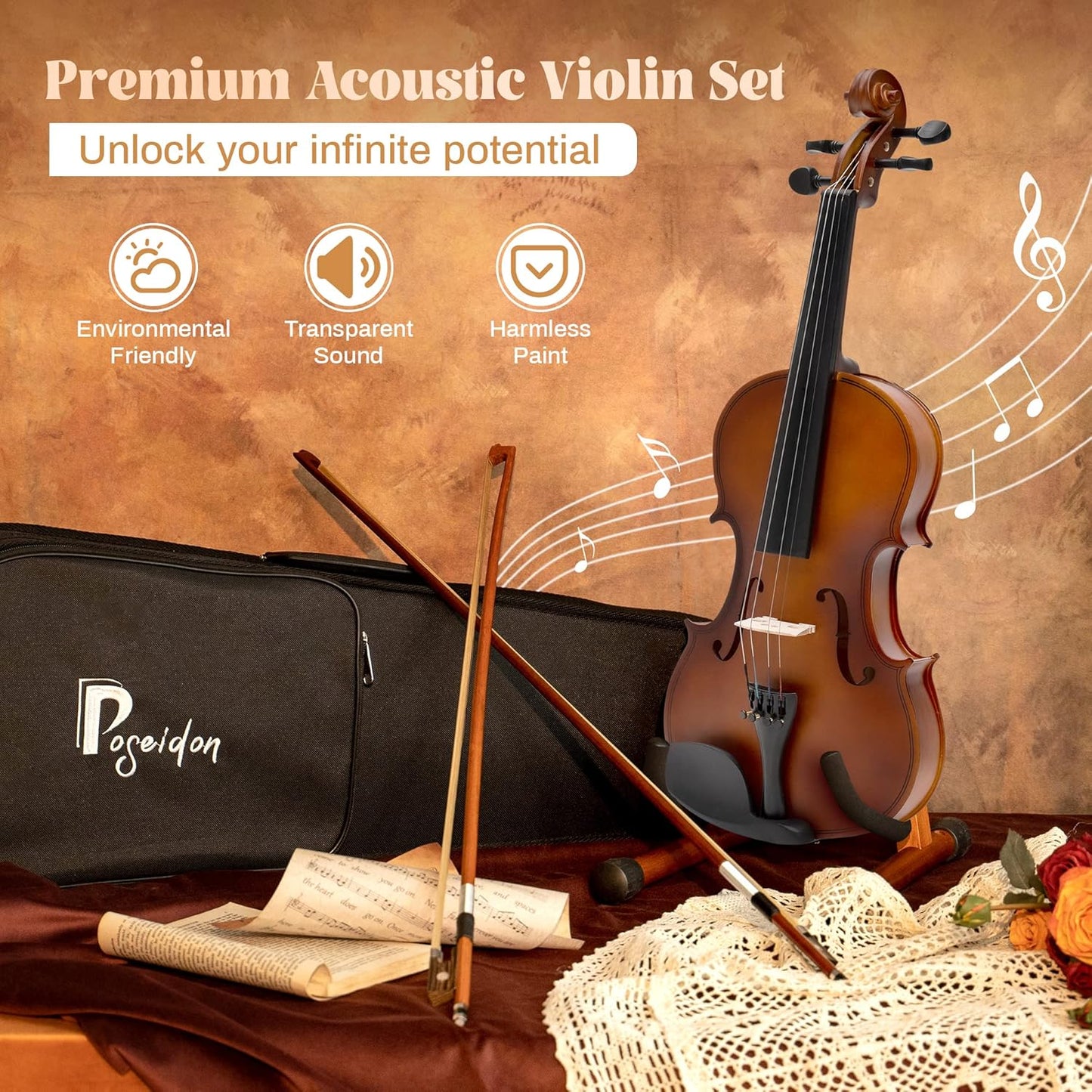 1/4 Size Violin Set for Beginner, Acoustic Violin 1/4 Outfit with Starter Kit for Student (Hard Case, Bow, Rosin, Extra Violin Strings 1/4 Full Set, Shoulder Rest, Clip-on Tuners) - Matte Brown